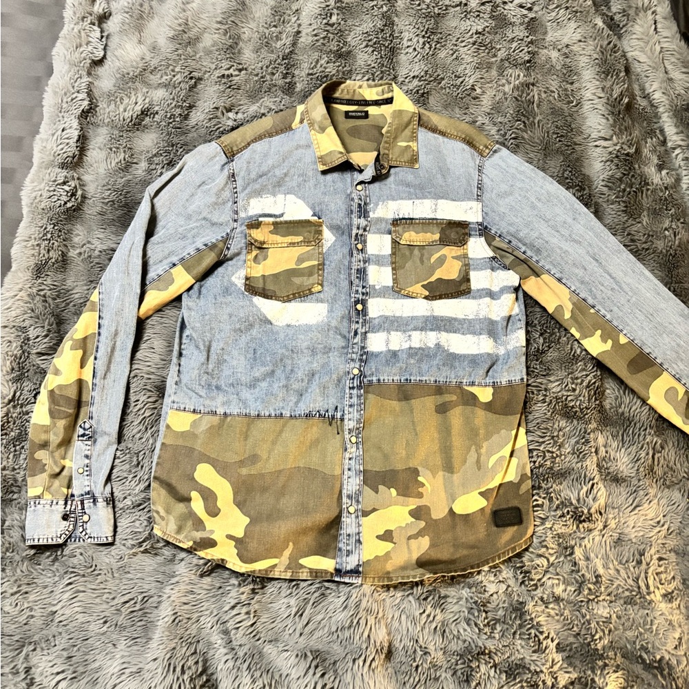 Patchwork Denim & Camo Button-Up Shirt